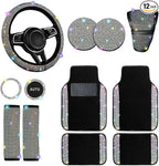 12 Pcs Bling Car Accessories Set for Women Car Floor Mats Full Set Steering Wheel Cover Seat Belt Covers Coasters Universal Fit Car SUV Truck Van Multicolor