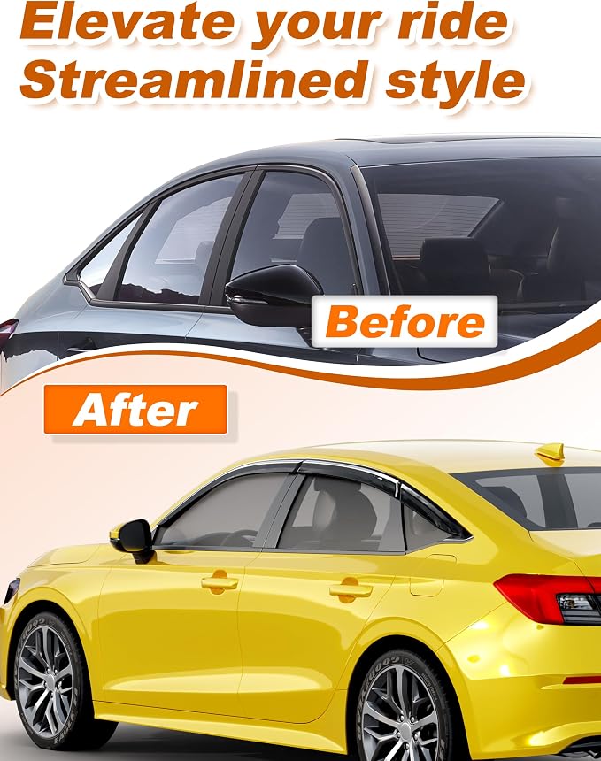 6-PCS Low Profile Window Rain Guards Fit for Honda Civic Sedan 2022-2026 Rain Guard Window Deflectors Extra-Thick Side Window Visors Vent Shades Tape-on Vent Visors Car Accessories