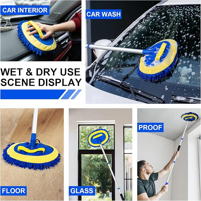 62" Car Wash Brush Kit Mitt Mop Sponge with Long Handle Chenille Microfiber Car Cleaning Brush Kit Supplies Car Washing Mop Kit Car Care Kit of Scratch-Free Replacement Head for Car RV Truck