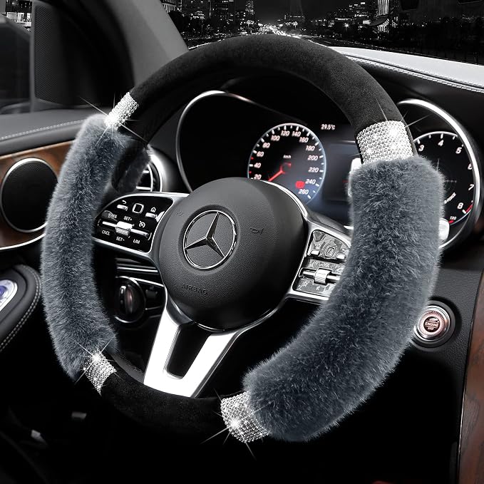 Rhinestone Fluffy Steering Wheel Cover - Comfortable Non-Slip Luxury Faux Wool, Universal Fit for 14.5" to 15" Steering Wheels