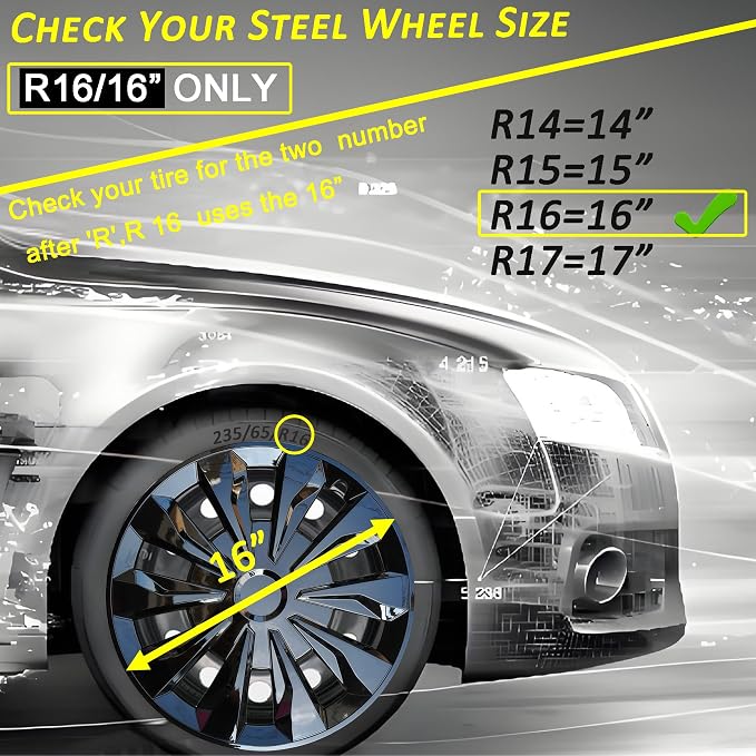 Hubcap Wheel Cover Replacement R16 Hub Caps Universal-Fit Steel Wheel Rim Cover ABS Material Exterior Accessories for Car Truck SUV -Set of 4（16-inch，Black）