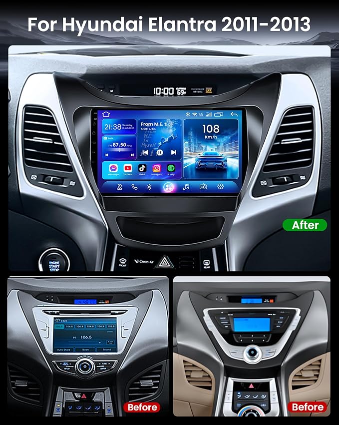 4G RAM+64G ROM Car Radio for Hyundai Elantra 2011-2013: Android 13 Head Unit Car Stereo Upgrade with Wireless Carplay Android Auto 9 inch 1280 * 800 Touchscreen GPS Bluetooth 5GWiFi Backup Camera