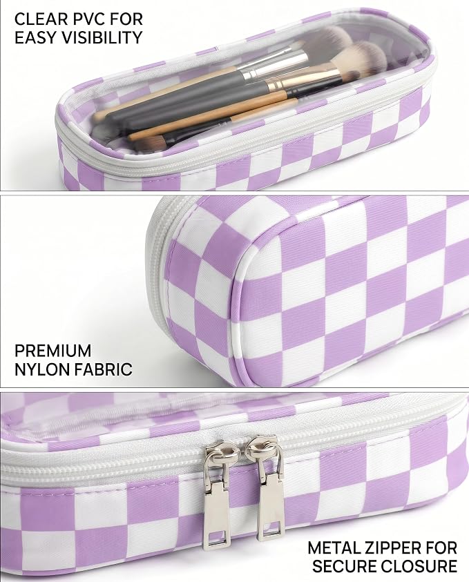 Preppy Checkered Clear Travel Makeup Brush Holder,Purple and Beige Checkered Makeup Brush Toiletry Bag,Portable Cosmetic Brush Case,Transparent Waterproof Makeup Brush Storage Bag