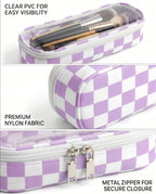 Preppy Checkered Clear Travel Makeup Brush Holder,Purple and Beige Checkered Makeup Brush Toiletry Bag,Portable Cosmetic Brush Case,Transparent Waterproof Makeup Brush Storage Bag