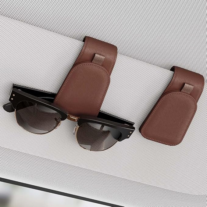 Sunglass Holder for Car Visor, Brown, 2 Packs | Suede Cloth, Magnetic, Organizer for Car Accessories