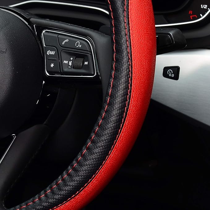 Microfiber Leather Auto Car Steering Wheel Cover, Universal 15 Inch Anti-Slip Wheel Protector, Red