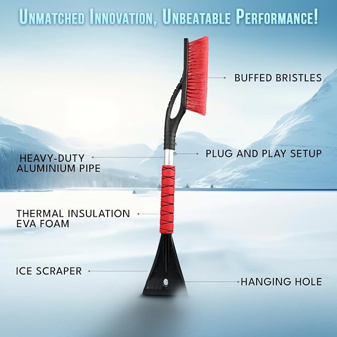 27" Aluminum Car Snow Scraper and Brush (Red) | Scratch-Free Weaved Bristle Head with Metal Body Ice Scraper for Car Windshield | Tough Ice Scraper with Ergonomic Foam Grip for Cars | 1 Pack