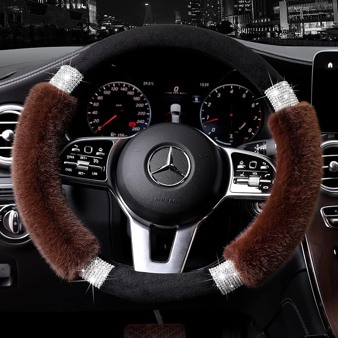 Rhinestone Fluffy Steering Wheel Cover - Comfortable Non-Slip Luxury Faux Wool, Universal Fit for 14.5" to 15" Steering Wheels