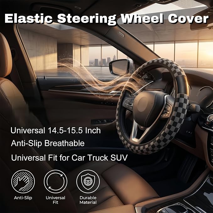 Checkered Gray Steering Wheel Cover Universal 15 Inch + 2 Car Coasters | neoprene Non-Slip Breathable Elasticity Universal for Car Truck SUV for Women Men