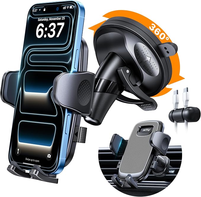HTU [2026 Latest Upgrade Military-Grade Anti-Shake Car Phone Holder, 90+LBS Strong Suction Car Phone Mount, 360° Rotatable Mount for Dashboard Windshield Vent, for iPhone 17/16 Pro Max, Deep Gray