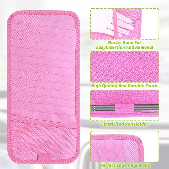 Car CD & DVD Holder - Large Capacity CD Visor Case, Vehicle Visor Storage Organizer with 12 Disc Sleeves, 1 Mesh Pocket 1 Pen Holder and & Elastic Band (Pink)