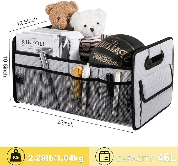 Car Trunk Organizers and Storage for SUV, Collapsible Multi Compartment Container Box Adjustable Car Accessories for Women Men, Light Grey