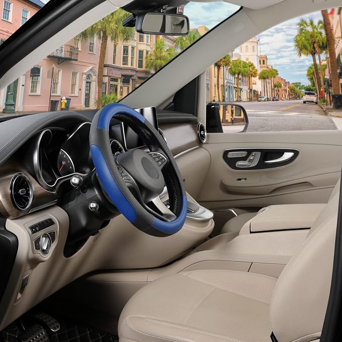 Car Steering Wheel Cover Universal Standard Size 14.5-15 inch, Black and Blue Microfiber Leather