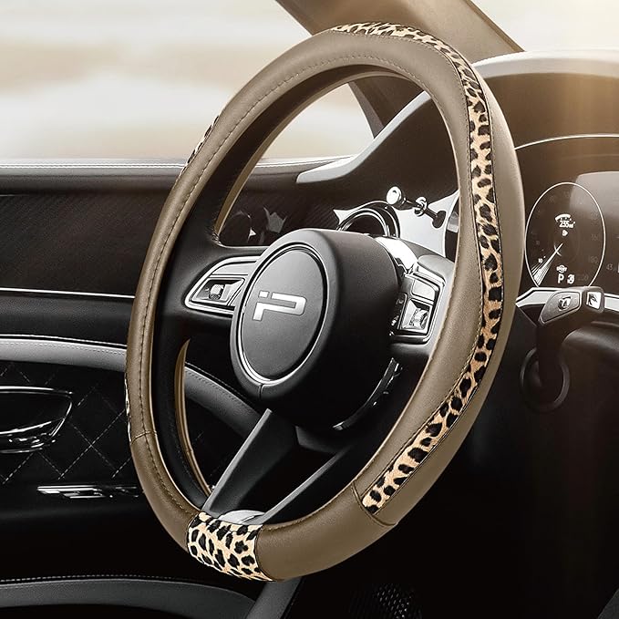 Steering Wheel Cover - Made with PVC Leather and Leopard Fabric - Universal 14 1/2 inches to 15 inches for Most Automotive Steering Wheel - Cheetah Print -Beige
