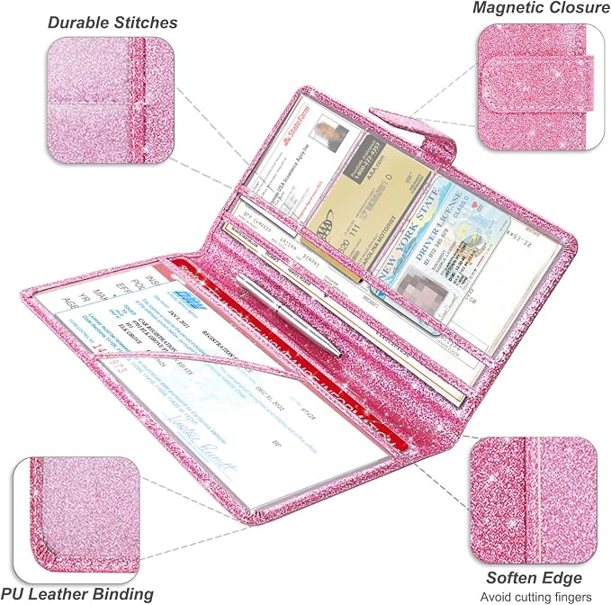 Car Registration & Insurance Holder - Leather Glove Box Organizer, Cool Accessories for ID, Driver's License Cards & Docs, Men & Women, Pink Glitter