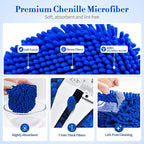 Car Wash Brush with Long Handle - 62" Car Wash Kit with Chenille Microfiber Cleaning Brush, Car Washing Mop with 3 Replacement Mitts, Scratch-Free Scrub Washer Wand for Vehicles, RV, Truck Blue