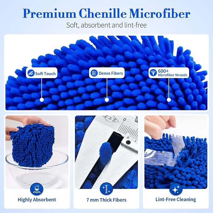 Car Wash Brush with Long Handle - 62" Car Wash Kit with Chenille Microfiber Cleaning Brush, Car Washing Mop with 3 Replacement Mitts, Scratch-Free Scrub Washer Wand for Vehicles, RV, Truck Blue