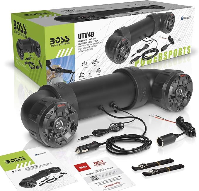 UTV4B ATV UTV Weatherproof Sound System - 4 Inch Speakers, 1 Inch Tweeters, Built-in Amplifier, Built-in Bluetooth, Easy Installation for 12 Volt Vehicles