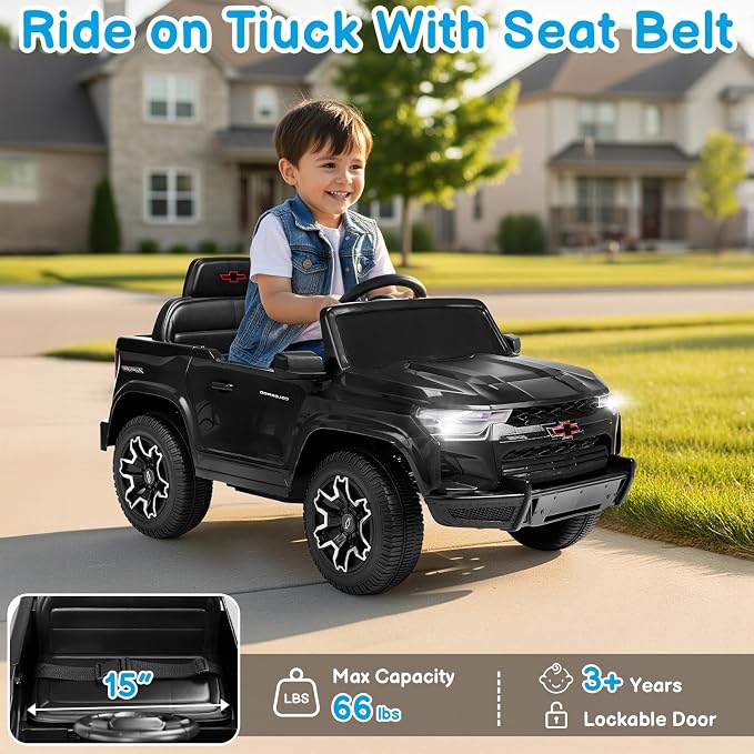 Licensed Chevrolet Colorado Electric Car for Kids, 12V Ride on Toys for Toddlers with Remote Control, Battery Powered Electric Car Ride On Vehicle w/Bluetooth, Soft Start, LED Lights - Black