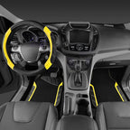 Leather Steering Wheel Cover and Waterproof Car Floor Mats,Microfiber Universal Car Combo Fit for 95% Sedan SUV Van Truck,14.5-15 inch Sporty Anti-Slip Safety Comfortable Design, Black＆Yellow