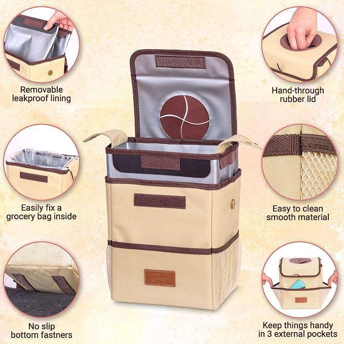 Car Trash Can [Touring Edition] - Removable Liner - 100% Leakproof, Odor Control Lid, Hanging Garbage Bin for SUV, Truck, Car (2 Gal, Beige)