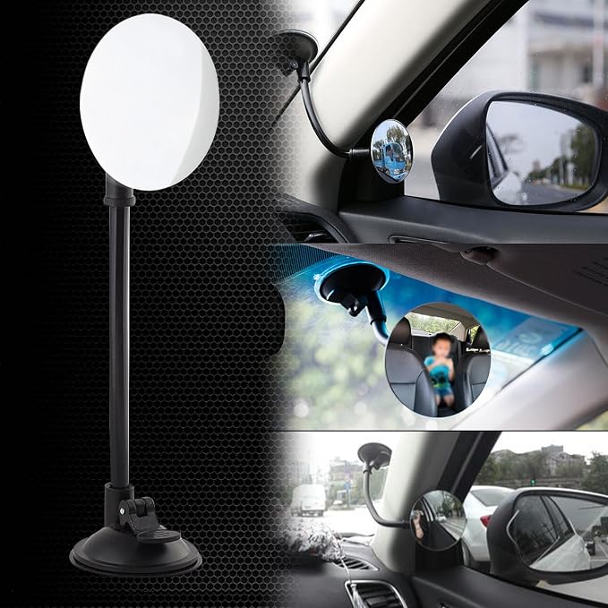 Suction Cup Car Baby Mirror, Adjustabe Long Arm HD Glass Convex Wide Angle Interior Rearview Baby Rear Facing Mirror (Frameless Round, 3.35")