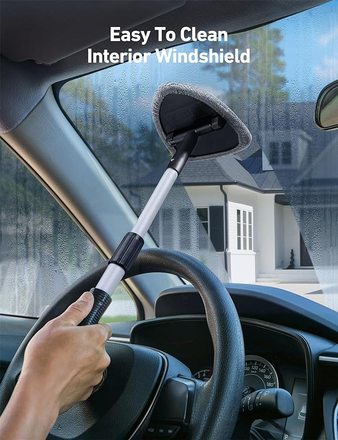 21" Extra-Long Windshield Cleaner Tool, Car Interior Detailing Cleaning Kit with Extendable Handle and 4 Upgraded Reusable Microfiber Pads, Auto Glass Wiper Brush Kit for Cars, Gray, 2 Pack