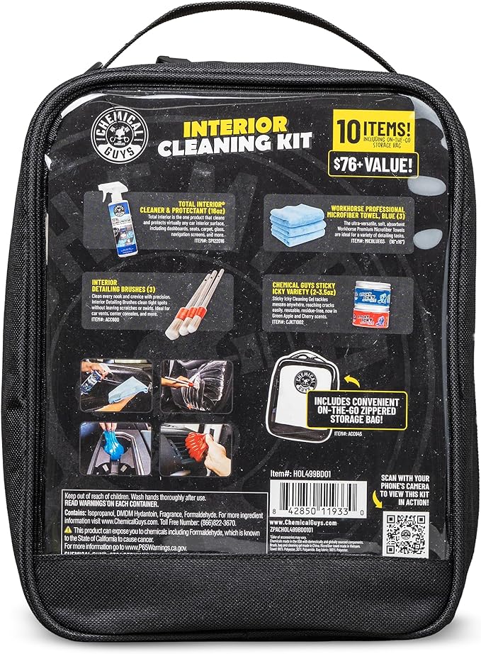 Interior Cleaning Kit with Storage Bag Total Interior Cleaner Microfiber Towels Detailing Brushes and Sticky Gel Giftable Car Care Set - 10 Items