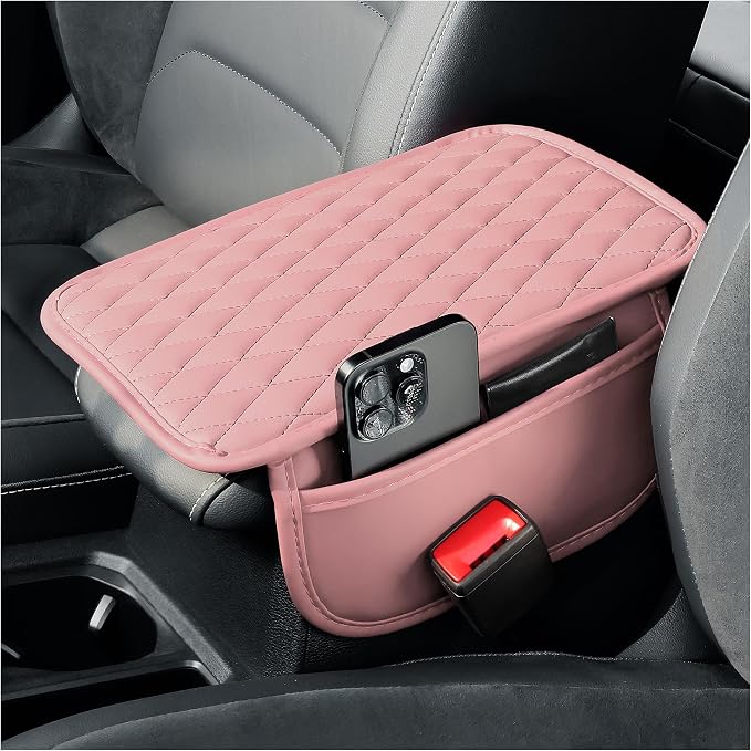 carleef Arm Rest Cover for Car,Leather+Memory Foam Center Console Cover with Storage Bags,Universal Middle Console Cover Car Accessories Interior for Most Cars Center Consoles (Pink)