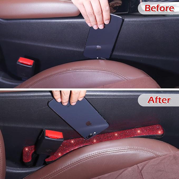 Bling Red Car Seat Gap Filler, 2 Pack Car Abyss Blocker Universal Fit for Car SUV Truck, Handmade Crystal Rhinestone Diamond Red Bling Car Accessories for Women(Red)