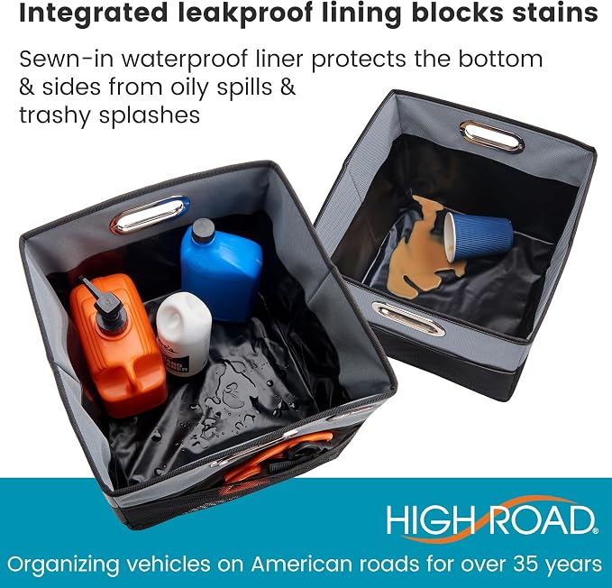 CargoCube Car Storage Bin - Leakproof Car Trunk Storage Organizer with Metal Handles and Front Mesh Pocket (Square)