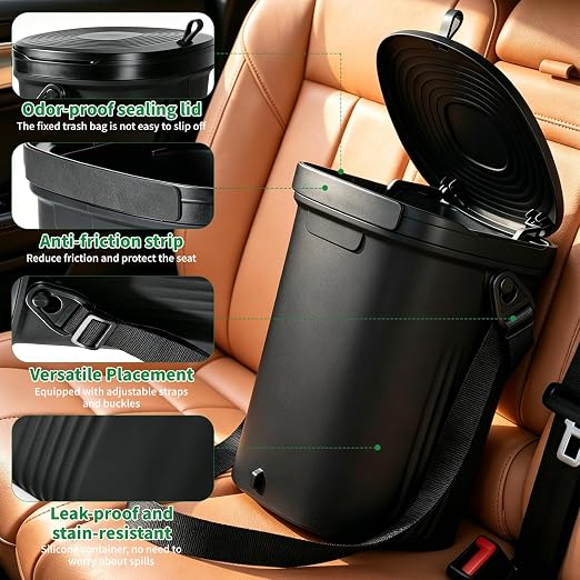 Trash Can for Car Garbage with Lid, Leakproof 100% Silicone Car for Vehicle, Sedan, SUV, Van, MPV & Truck, 2 Gallon Waterproof Auto Waste Bin for Back Seat, Odor-Sealing Vehicle Organizer, Black