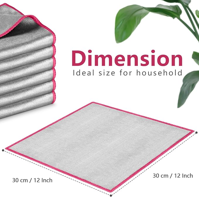 Airlab Glass Polishing Cloth Streak Free Miracle Cleaning Cloth Lint Free Microfiber Cleaning Rags for Glasses Kitchen Dish Mirrors Easy Clean, Pack of 6, 12" x 12", Sliver-Pink