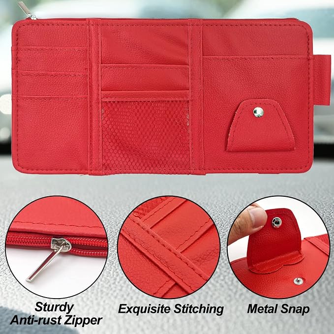 Car Sun Visor Organizer with Multi-Pocket Net Zipper, Truck Visor Organizer Storage Pouch Holder for Cards, Pens, Sunglasses, CD Holder - Red