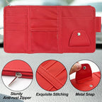 Car Sun Visor Organizer with Multi-Pocket Net Zipper, Truck Visor Organizer Storage Pouch Holder for Cards, Pens, Sunglasses, CD Holder - Red