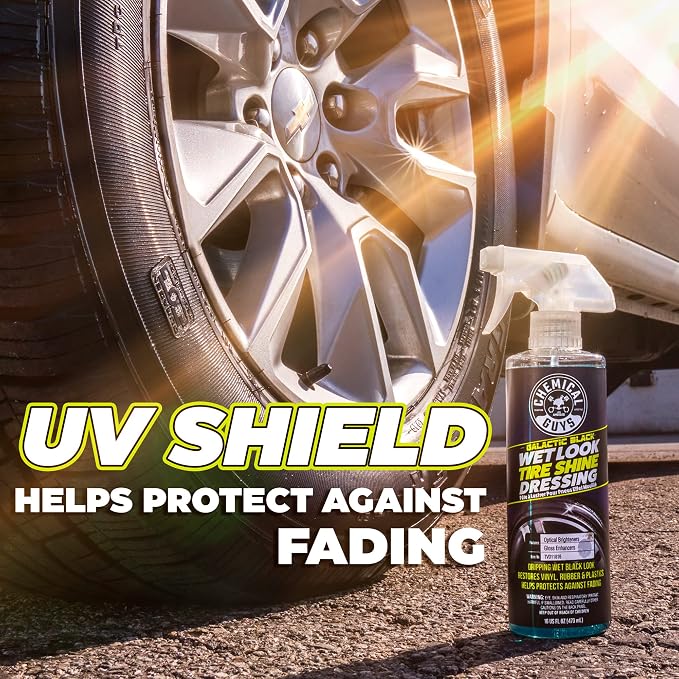 Galactic Black Wet Look Tire Shine Dressing – High Gloss Tire Spray for Trim & Rubber – Restores Deep Black Shine and Protection for Cars, Trucks, Motorcycles and RVs, 16 oz