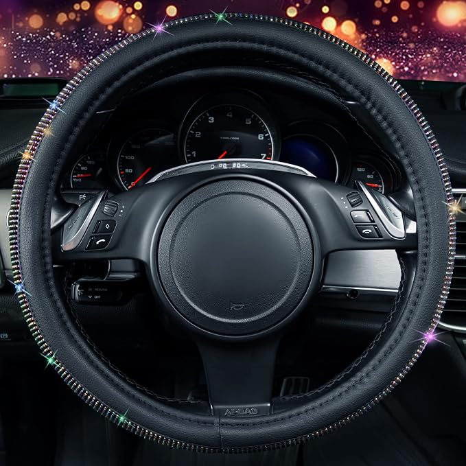 Diamond Leather Steering Wheel Cover, with Bling Crystal Rhinestones Fit Suvs,Vans,Sedans,Cars,Trucks Universal Fit 14.5-15inch Crystal Glitter for Women Sparkle Girl, Multicolor Diamond