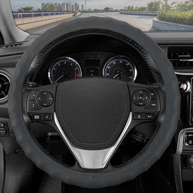 Genuine Gray Leather Steering Wheel Cover for Car, Large 15.5-16 inch – Ergonomic Comfort Grip for Men & Women, Car Steering Wheel Cover for Vehicles with Large Steering Wheels