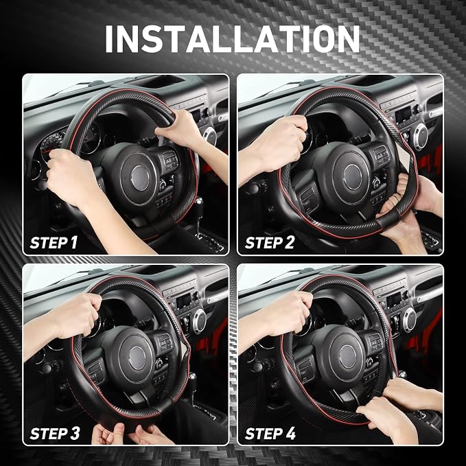 Car Steering Wheel Cover Large-Size for F150 F250 F350 Ram 4Runner Tacoma Tundra Range Rover with 15 1/2"-16" Outer Diameter Leather with Carbon Fiber Pattern Black and Red