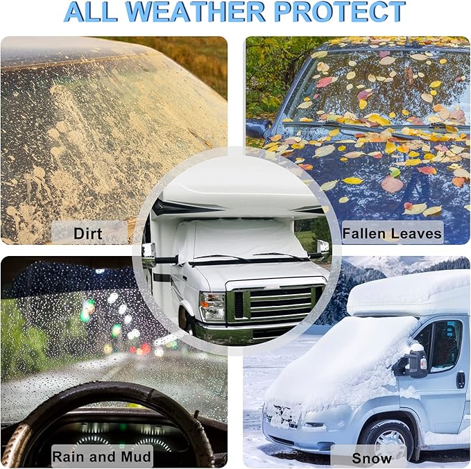 RV Windshield Cover Compatible with Class C Ford 1997-2026, UV Block Offer Complete Privacy with Light Preserves Interior (White Color with Mirror Cutouts)