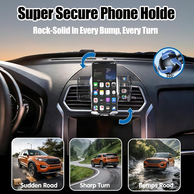 Car Phone Mount for Ford Explorer 2011–2018, 15W Wireless Fast Charging Auto-Clamping Vent Phone Holder, One-Hand Operation, Hands-Free, 360° Adjustable, Without Blocking Airflow
