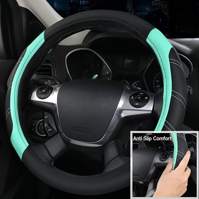 Leather Steering Wheel Cover and Waterproof Car Floor Mats,Microfiber Universal Car Combo Fit for 95% Sedan,SUV,Cars,14.5-15inch Sporty Anti-Slip Safety Comfortable Design(Black&Mint)