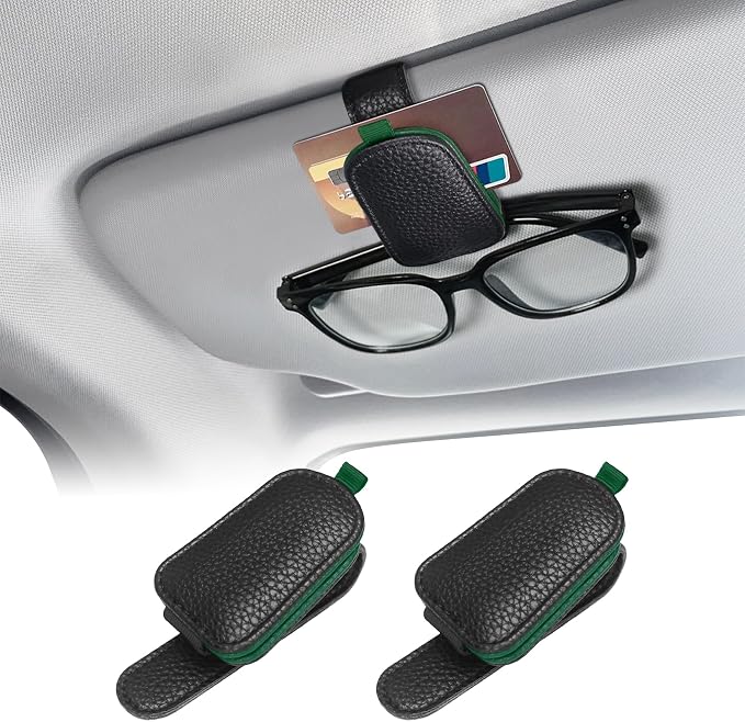 Sunglasses Holders for Car Visor, Sunglass Car Organizer, Leather Magnetic Buckle Sun Visor Sunglass Clip, Car Accessories Ticket Card Clip Sunglasses Mount Fit Truck (Black/Army Green, 2PCS)