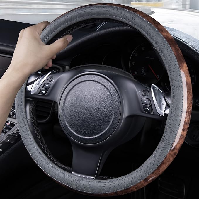 Wood Grain Microfiber Leather Steering Wheel Cover, Universal Fit for 14 1/2-15 inch Gray Steering Wheel, Anti-Slip Veins Design,Cars, Suvs,Minivans, Sedans (Gray)