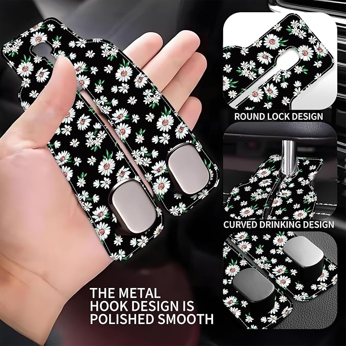Purse Hook for Car Little White Daisy Flowers 1 Pack Headrest Back Seat Hook Premium Leather Double Metal Hanger Storage Pack Bag Purse Holder Car Interior Accessories