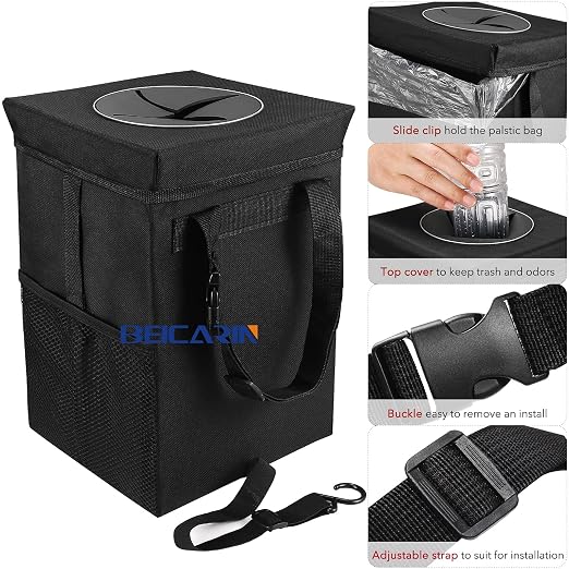 Car Trash Can with Lid - Car Trash Bag Hanging with Storage Pockets Collapsible and Portable Car Garbage Bin, Leak-Proof Car Organizer, 1.82 Gallons Multipurpose Trash Bin for Car