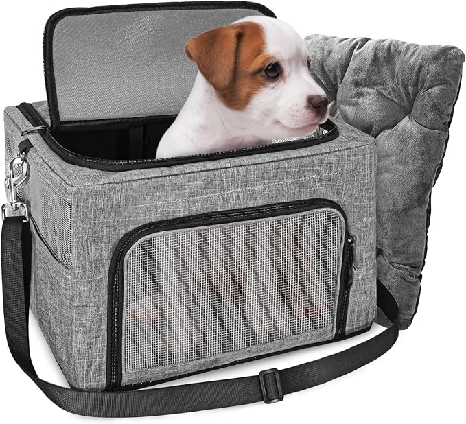 Dog Booster Car Seat, Reinforce Metal Frame Safe Pet Car Seat with Seatbelt & Waterproof Pee Pad & Top Cover | Portable Collapsible Puppy Carrier Bag | for Small Dogs Cats (with Soft Pad)
