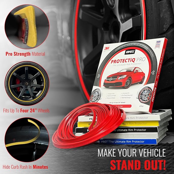 PROTECTiQ PRO Universal Rim Protection Trim - Curb Rash Guard with Award-Winning Patented Design and Premium 3M Tape - Fits Up to 4X 24 Wheels, Cars, Trucks, SUVs - Yellow