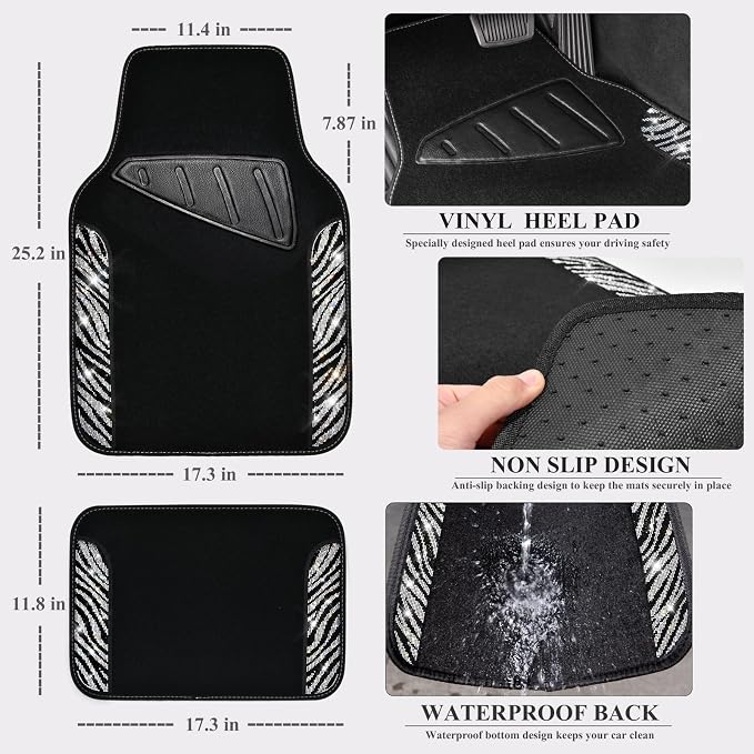 Bling Zebra Car Mats Rhinestones Diamond Waterproof Floor Mat Crystal Sparkly Shining Glitter Carpet Anti-Slip PVC Heel Pad, Universal Fit Automotive SUV,Sedan,4pcs Girly Women, Zebra Diamond