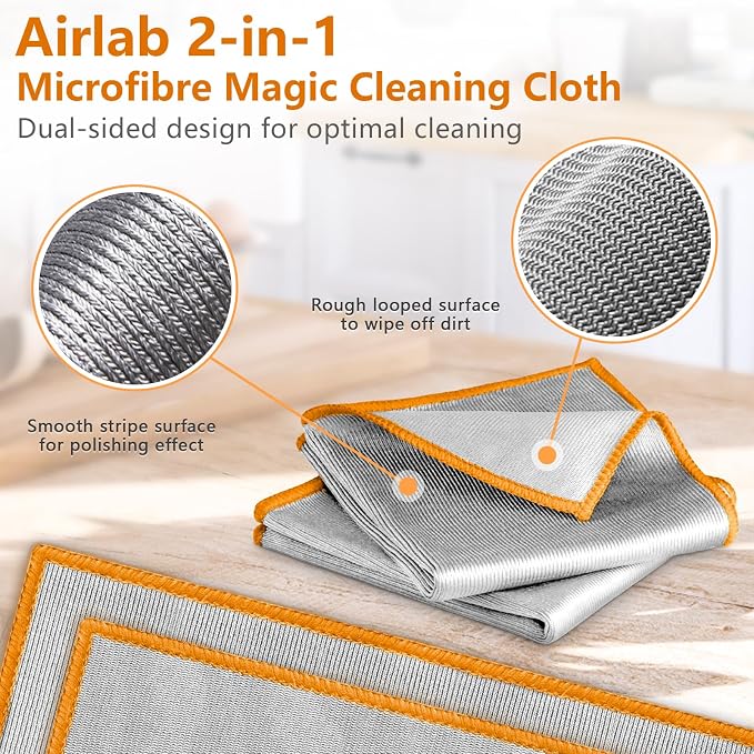 Airlab Glass Polishing Cloth Streak Free Miracle Cleaning Cloth Lint Free Microfiber Cleaning Rags for Glasses Kitchen Dish Mirrors Easy Clean, Pack of 6, 12" x 12", Sliver-Orange